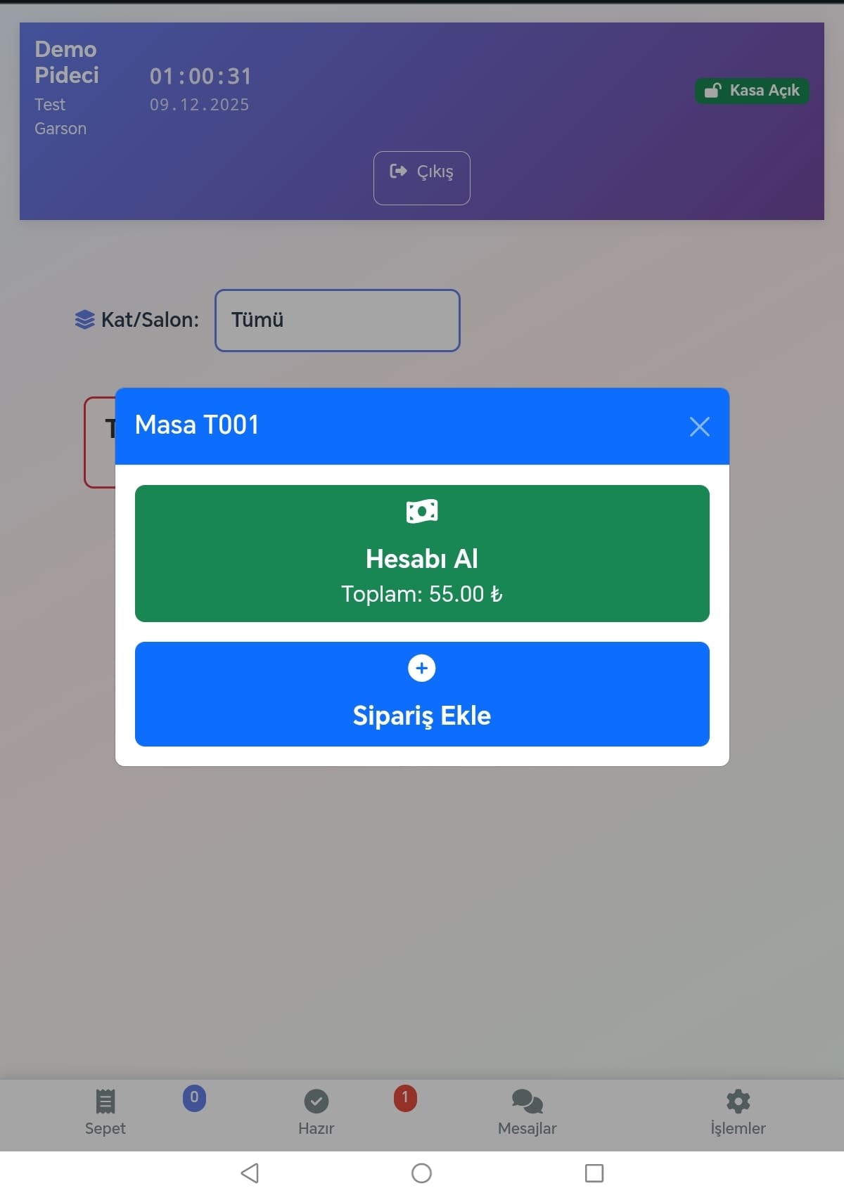 Hesap alma & ek sipariş