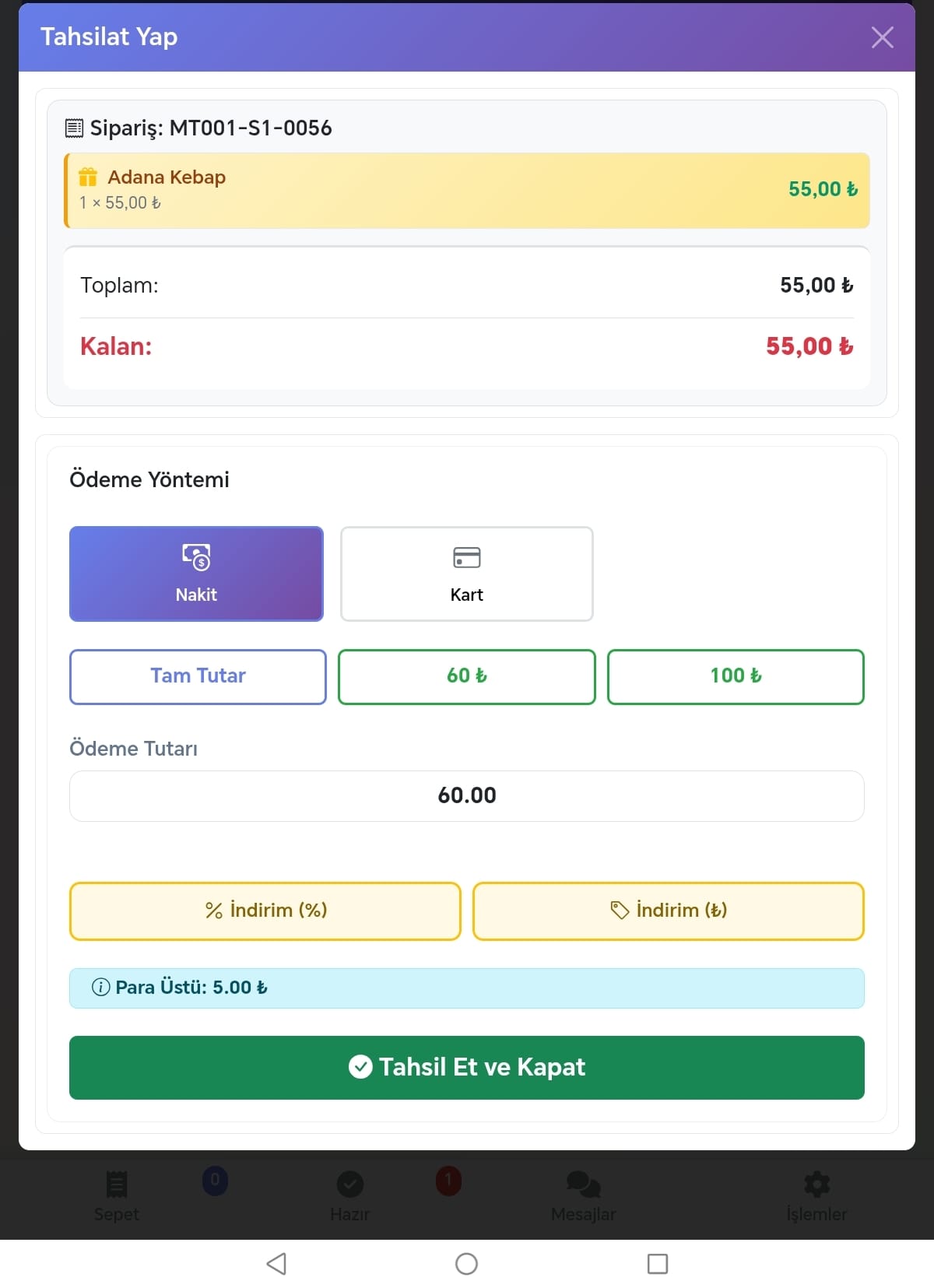 Kasiyer POS tahsilat ekranı
